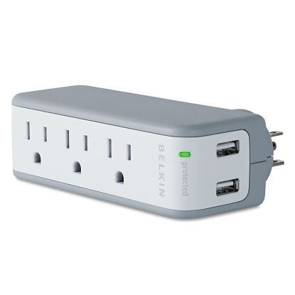 Wall Mount Surge Protector, 3 Outlets/2 USB Ports, 918 Joules, Gray/White1