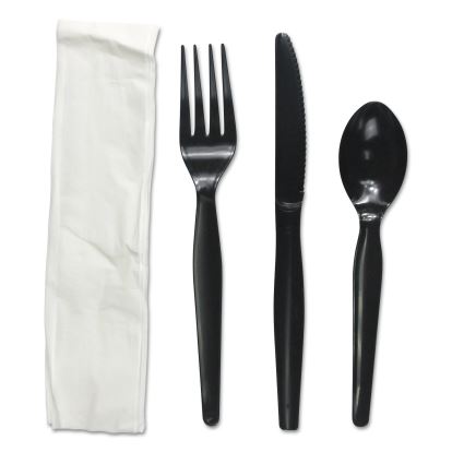 Four-Piece Cutlery Kit, Fork/Knife/Napkin/Teaspoon, Heavyweight, Black, 250/Carton1