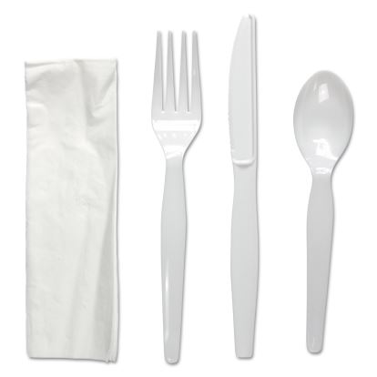 Four-Piece Cutlery Kit, Fork/Knife/Napkin/Teaspoon, Heavyweight, White, 250/Carton1