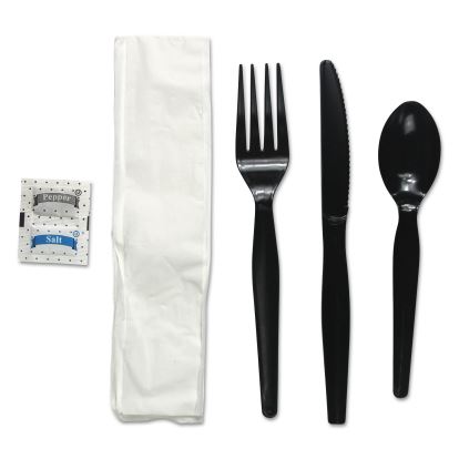 Six-Piece Cutlery Kit, Condiment/Fork/Knife/Napkin/Spoon, Heavyweight, Black, 250/Carton1
