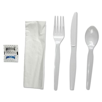 Six-Piece Cutlery Kit, Condiment/Fork/Knife/Napkin/Spoon, Heavyweight, White, 250/Carton1