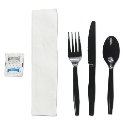 Six-Piece Cutlery Kit, Condiment/Fork/Knife/Napkin/Teaspoon, Black, 250/Carton1