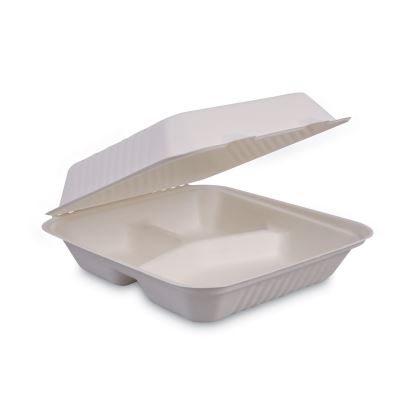 Bagasse Food Containers, Hinged-Lid, 3-Compartment 9 x 9 x 3.19, White, 100/Sleeve, 2 Sleeves/Carton1