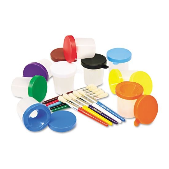 No-Spill Cups and Coordinating Brushes, Assorted Color Lids/Clear Cups, 10/Set1