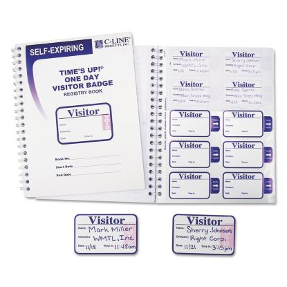 Time's Up Self-Expiring Visitor Badges with Registry Log, 3 x 2, White, 150 Badges/Box1