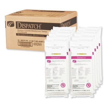 Dispatch Cleaner Disinfectant Towels with Bleach, 9 x 10, Unscented, 60/Pack, 12 Packs/Carton1