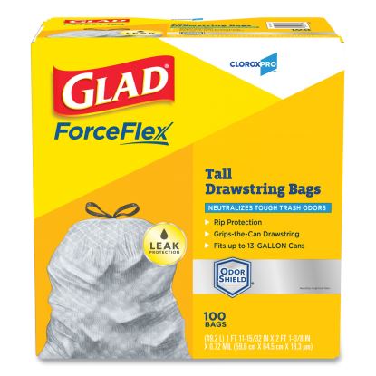 ForceFlex Tall Kitchen Drawstring Trash Bags, 13 gal, 0.72 mil, 23.75" x 24.88", Gray, 100/Box1