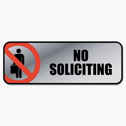 Brushed Metal Office Sign, No Soliciting, 9 x 3, Silver/Red1