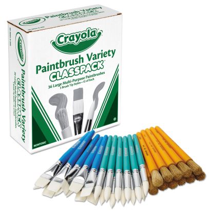 Large Variety Paint Brush Classpack, Natural; Nylon Bristles, Flat; Round Profiles, 36/Set1