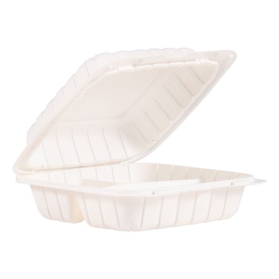 Hinged Lid Containers, 3-Compartment, 8.3" x 8" x 3", White, 150/Carton1