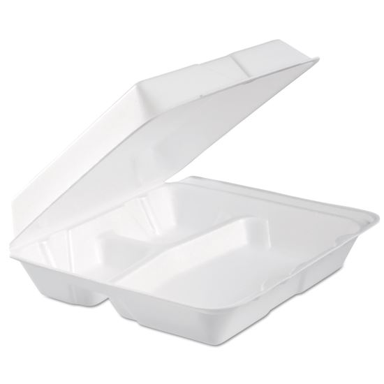 Foam Hinged Lid Container, 3-Compartment, 9.3 x 9.5 x 3, White, 100/Bag, 2 Bag/Carton1