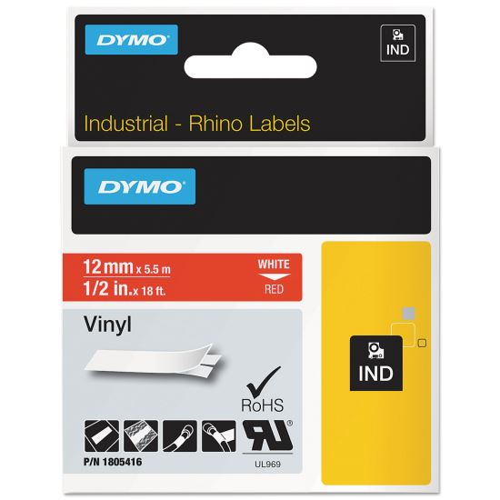 Rhino Permanent Vinyl Industrial Label Tape, 0.5" x 18 ft, Red/White Print1