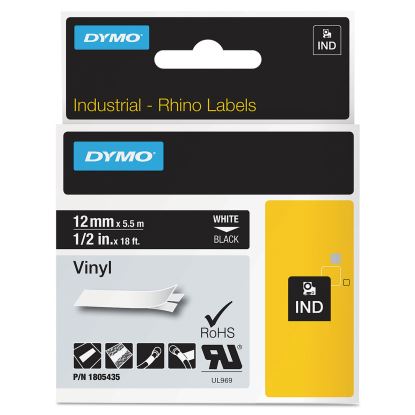 Rhino Permanent Vinyl Industrial Label Tape, 0.5" x 18 ft, Black/White Print1