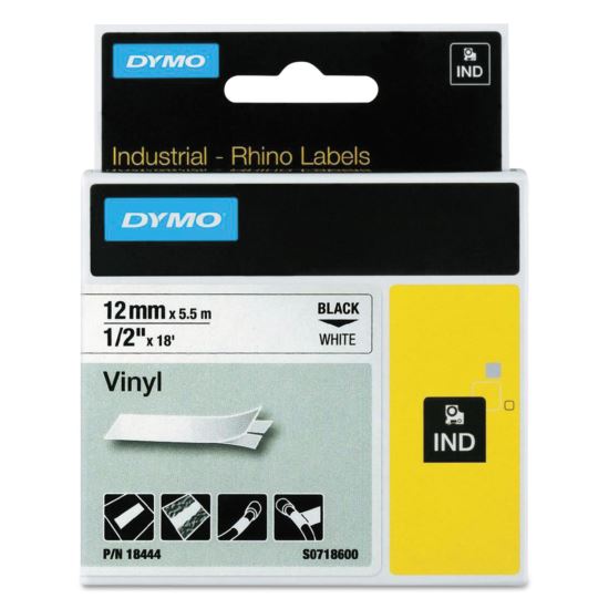 Rhino Permanent Vinyl Industrial Label Tape, 0.5" x 18 ft, White/Black Print1