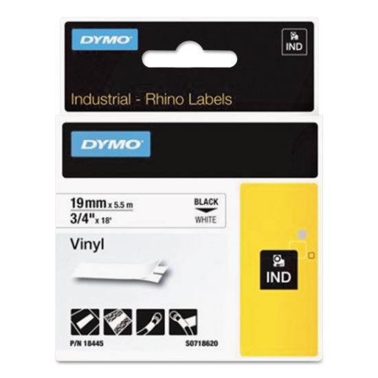 Rhino Permanent Vinyl Industrial Label Tape, 0.75" x 18 ft, White/Black Print1