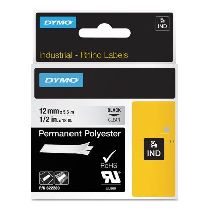 Rhino Permanent Vinyl Industrial Label Tape, 0.5" x 18 ft, Clear/Black Print1