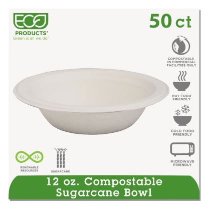 Renewable and Compostable Sugarcane Bowls, 12 oz, Natural White, 50/Packs1