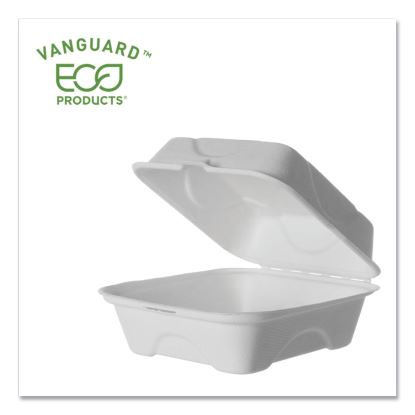 Vanguard Renewable and Compostable Sugarcane Clamshells, 6 x 6 x 3, White, 500/Carton1