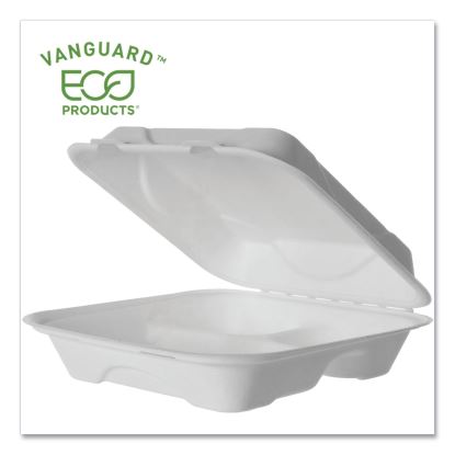 Vanguard Renewable and Compostable Sugarcane Clamshells, 3-Compartment, 9 x 9 x 3, White, 200/Carton1