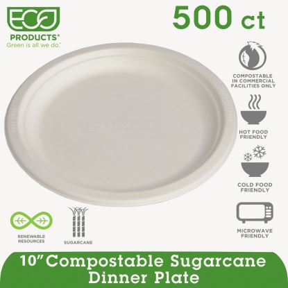Renewable and Compostable Sugarcane Plates, 10" dia, Natural White, 500/Carton1