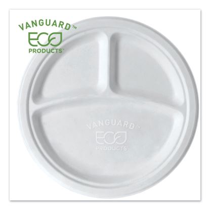 Vanguard Renewable and Compostable Sugarcane Plates, 3-Compartment, 10" dia, White, 500/Carton1