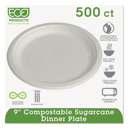 Renewable and Compostable Sugarcane Plates, 9" dia, Natural White, 500/Carton1