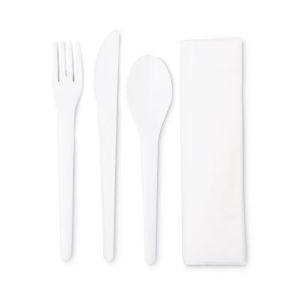 Plantware Compostable Cutlery Kit, Knife/Fork/Spoon/Napkin, 6", Pearl White, 250 Kits/Carton1