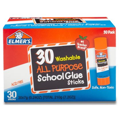 Washable School Glue Sticks, 0.24 oz, Applies and Dries Clear, 30/Box1