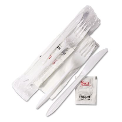 Wrapped Cutlery Kit, 6.25", Fork/Knife/Napkin/Salt/Pepper, Polypropylene, White, 500/Carton1