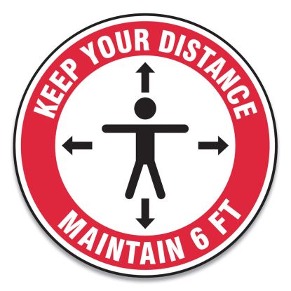 Slip-Gard Social Distance Floor Signs, 12" Circle, "Keep Your Distance Maintain 6 ft", Human/Arrows, Red/White, 25/Pack1