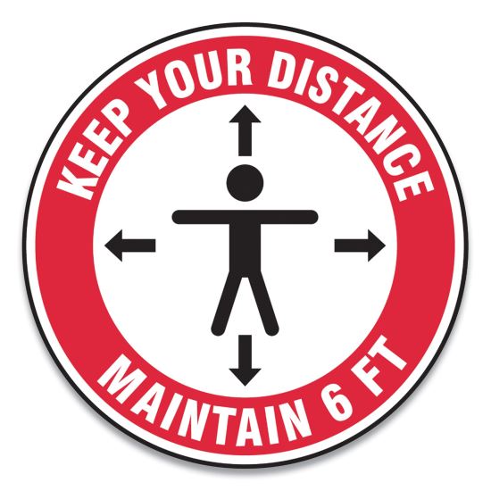 Slip-Gard Social Distance Floor Signs, 12" Circle, "Keep Your Distance Maintain 6 ft", Human/Arrows, Red/White, 25/Pack1