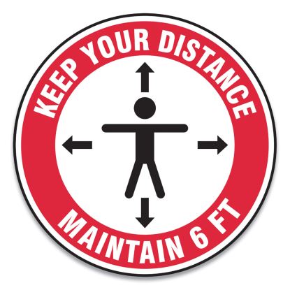 Slip-Gard Social Distance Floor Signs, 17" Circle, "Keep Your Distance Maintain 6 ft", Human/Arrows, Red/White, 25/Pack1