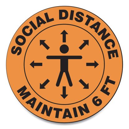 Slip-Gard Social Distance Floor Signs, 12" Circle, "Social Distance Maintain 6 ft", Human/Arrows, Orange, 25/Pack1