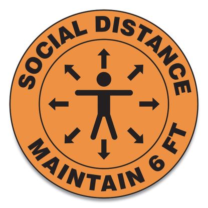 Slip-Gard Social Distance Floor Signs, 17" Circle, "Social Distance Maintain 6 ft", Human/Arrows, Orange, 25/Pack1