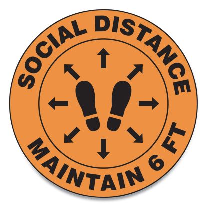 Slip-Gard Social Distance Floor Signs, 12" Circle, "Social Distance Maintain 6 ft", Footprint, Orange, 25/Pack1