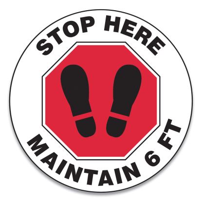 Slip-Gard Social Distance Floor Signs, 12" Circle, "Stop Here Maintain 6 ft", Footprint, Red/White, 25/Pack1