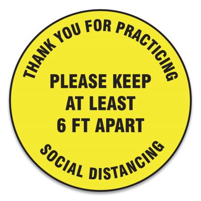 Slip-Gard Floor Signs, 12" Circle,"Thank You For Practicing Social Distancing Please Keep At Least 6 ft Apart", Yellow, 25/PK1