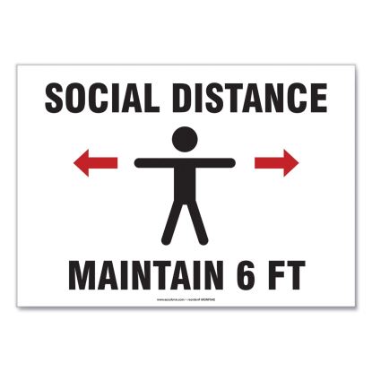 Social Distance Signs, Wall, 14 x 10, "Social Distance Maintain 6 ft", Human/Arrows, White, 10/Pack1