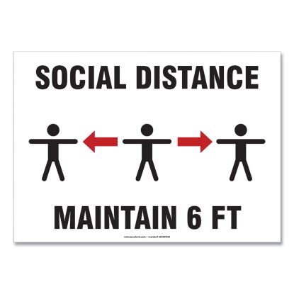Social Distance Signs, Wall, 10 x 7, "Social Distance Maintain 6 ft", 3 Humans/Arrows, White, 10/Pack1