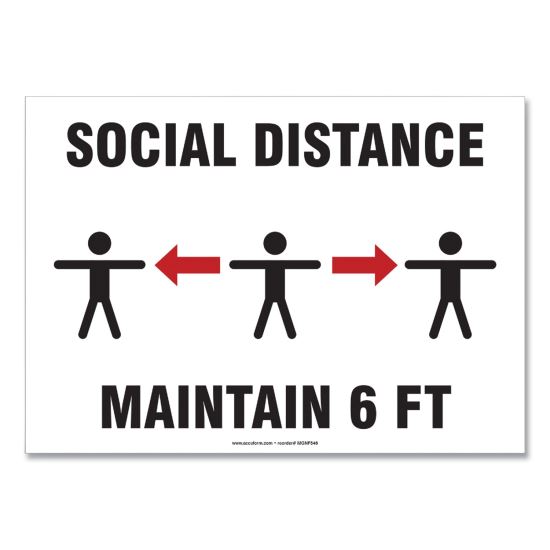 Social Distance Signs, Wall, 10 x 7, "Social Distance Maintain 6 ft", 3 Humans/Arrows, White, 10/Pack1