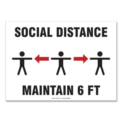 Social Distance Signs, Wall, 14 x 10, "Social Distance Maintain 6 ft", 3 Humans/Arrows, White, 10/Pack1