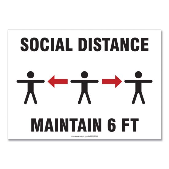 Social Distance Signs, Wall, 14 x 10, "Social Distance Maintain 6 ft", 3 Humans/Arrows, White, 10/Pack1