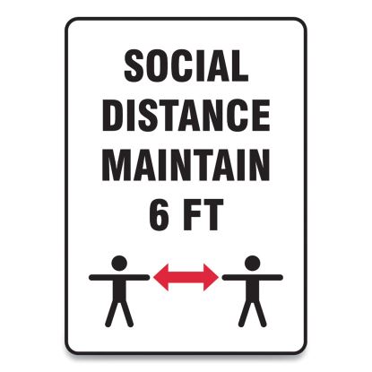 Social Distance Signs, Wall, 7 x 10, "Social Distance Maintain 6 ft", 2 Humans/Arrows, White, 10/Pack1