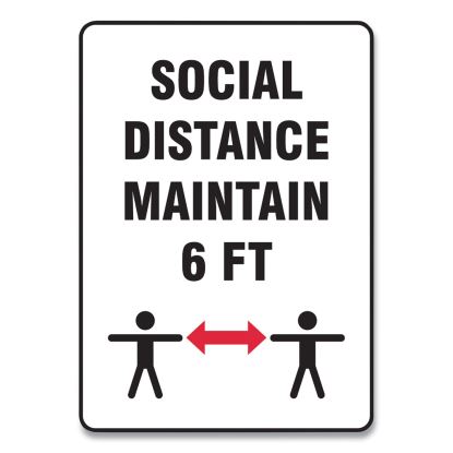 Social Distance Signs, Wall, 10 x 14, "Social Distance Maintain 6 ft", 2 Humans/Arrows, White, 10/Pack1