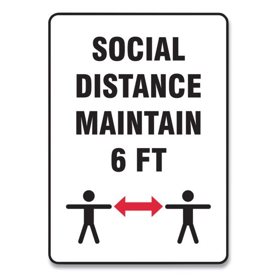 Social Distance Signs, Wall, 10 x 14, "Social Distance Maintain 6 ft", 2 Humans/Arrows, White, 10/Pack1