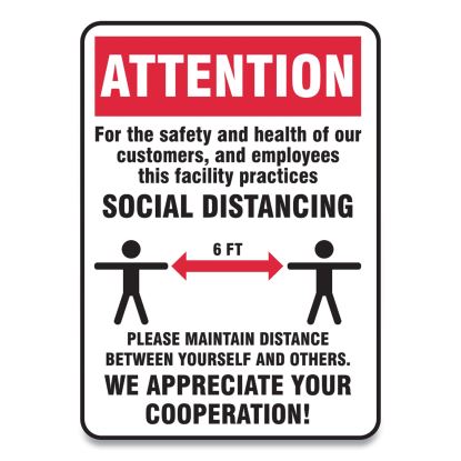 Social Distance Signs, Wall, 7 x 10, Customers and Employees Distancing, Humans/Arrows, Red/White, 10/Pack1