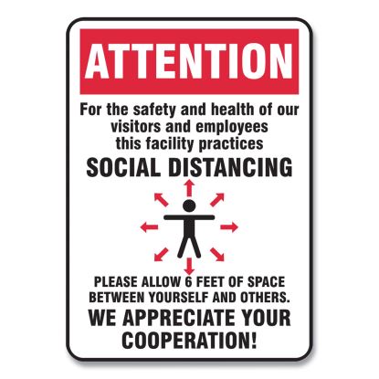 Social Distance Signs, Wall, 7 x 10, Visitors and Employees Distancing, Humans/Arrows, Red/White, 10/Pack1