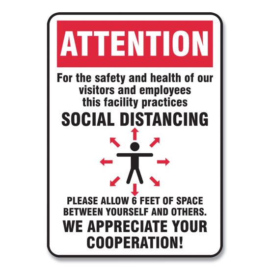 Social Distance Signs, Wall, 7 x 10, Visitors and Employees Distancing, Humans/Arrows, Red/White, 10/Pack1