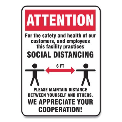 Social Distance Signs, Wall, 10 x 14, Customers and Employees Distancing, Humans/Arrows, Red/White, 10/Pack1