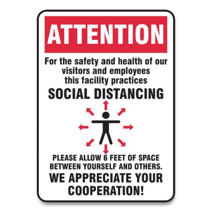 Social Distance Signs, Wall, 10 x 14, Visitors and Employees Distancing, Humans/Arrows, Red/White, 10/Pack1